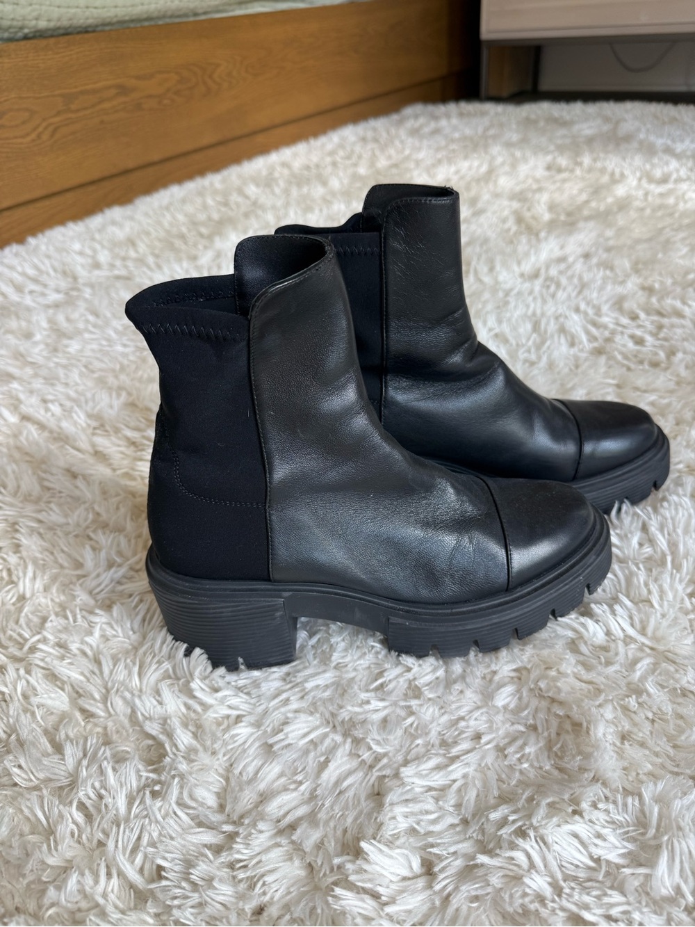 Stuart Weitzman Black Leather Platform Chelsea Booties with Lug Sole